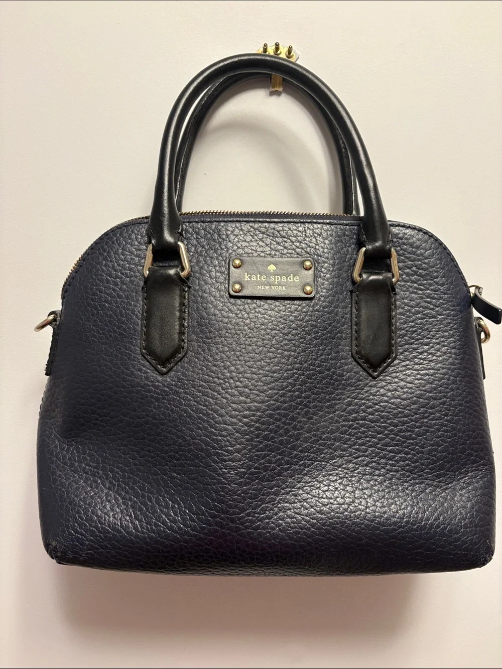 kate spade 2 sided navy/cream pebbled leather satchel with gold hardware